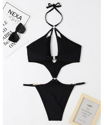 Women's Sexy One Piece Swimsuit Halter Deep V Neck Bathing Suit High Cut Monokini Black-x $15.80 Swimsuits