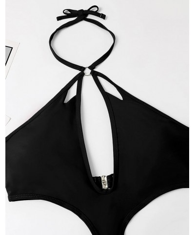 Women's Sexy One Piece Swimsuit Halter Deep V Neck Bathing Suit High Cut Monokini Black-x $15.80 Swimsuits