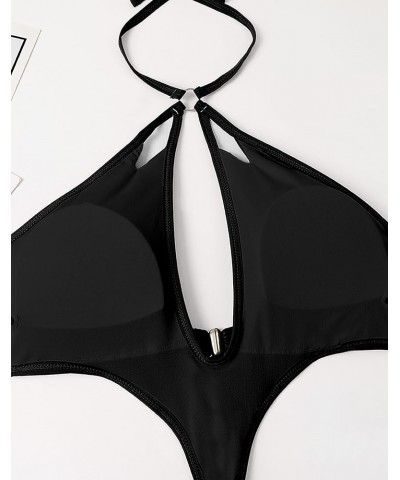 Women's Sexy One Piece Swimsuit Halter Deep V Neck Bathing Suit High Cut Monokini Black-x $15.80 Swimsuits