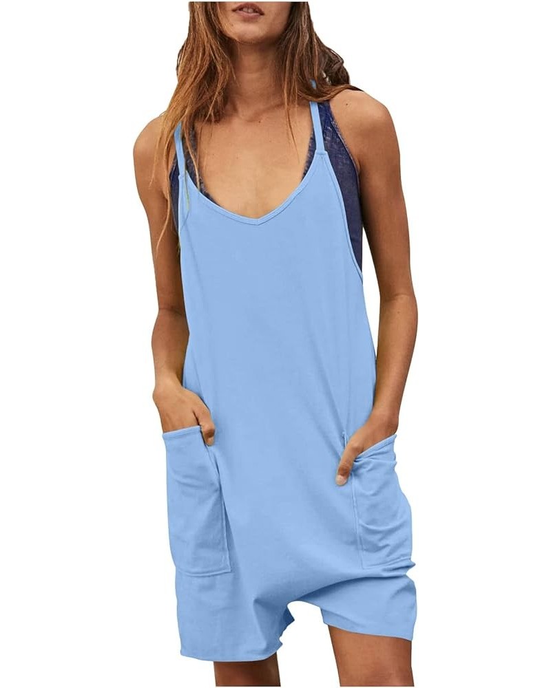 Summer Casual Short Rompers for Women Spaghetti Strap Casual Loose Jumpsuits with Pockets Solid Lounge Overalls 6 Blue $9.20 ...