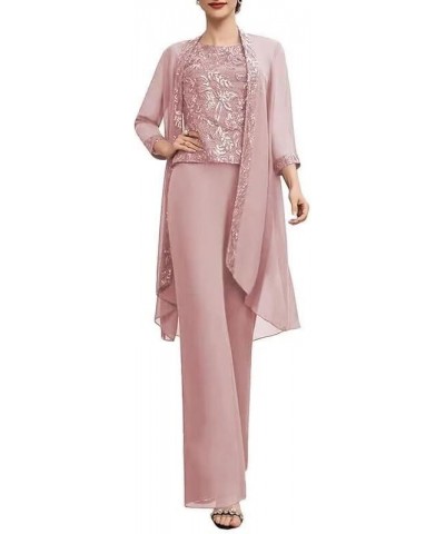 Long Sleeves Mother of The Bride Pant Suits for Wedding with Jacket 3 PCs Chiffon Appliques Formal Pant Suits for Women Dusty...