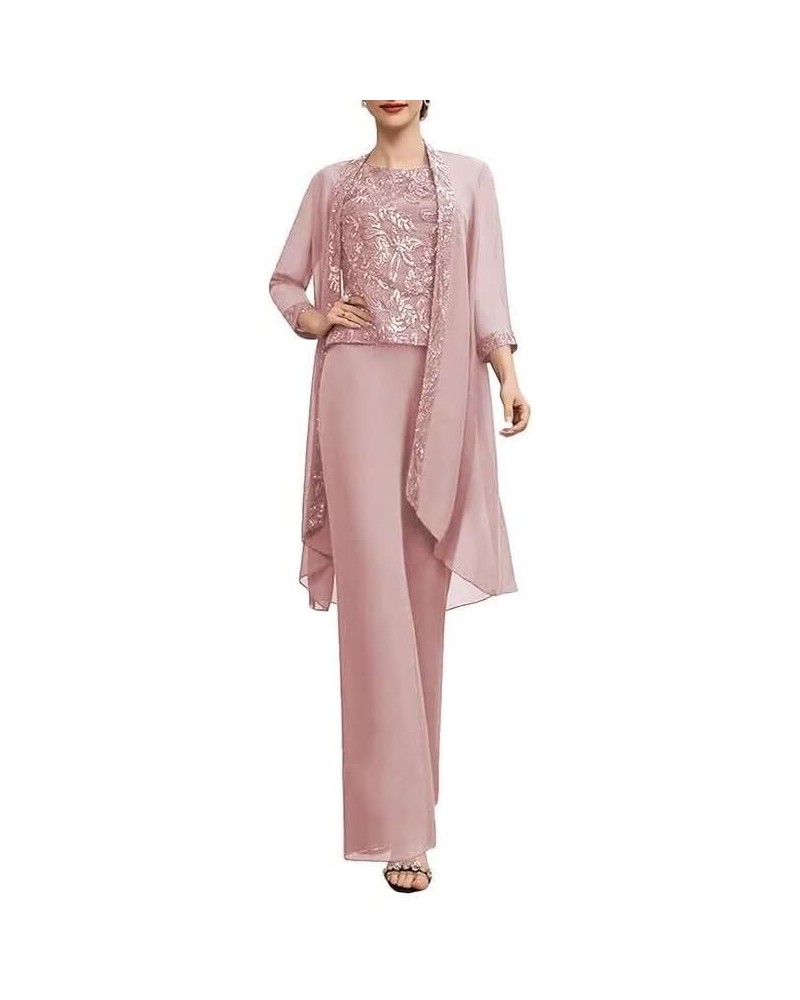 Long Sleeves Mother of The Bride Pant Suits for Wedding with Jacket 3 PCs Chiffon Appliques Formal Pant Suits for Women Dusty...