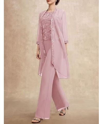 Long Sleeves Mother of The Bride Pant Suits for Wedding with Jacket 3 PCs Chiffon Appliques Formal Pant Suits for Women Dusty...