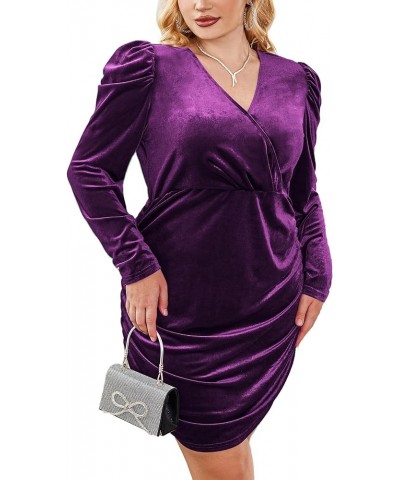 Women's Plus Size Velvet Dress Sexy V Neck Cocktail Party Dresses Long Sleeve Ruched Bodycon Dress Purple $14.99 Dresses