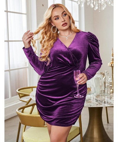 Women's Plus Size Velvet Dress Sexy V Neck Cocktail Party Dresses Long Sleeve Ruched Bodycon Dress Purple $14.99 Dresses