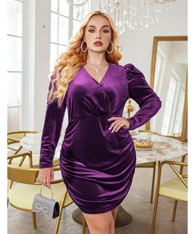 Women's Plus Size Velvet Dress Sexy V Neck Cocktail Party Dresses Long Sleeve Ruched Bodycon Dress Purple $14.99 Dresses