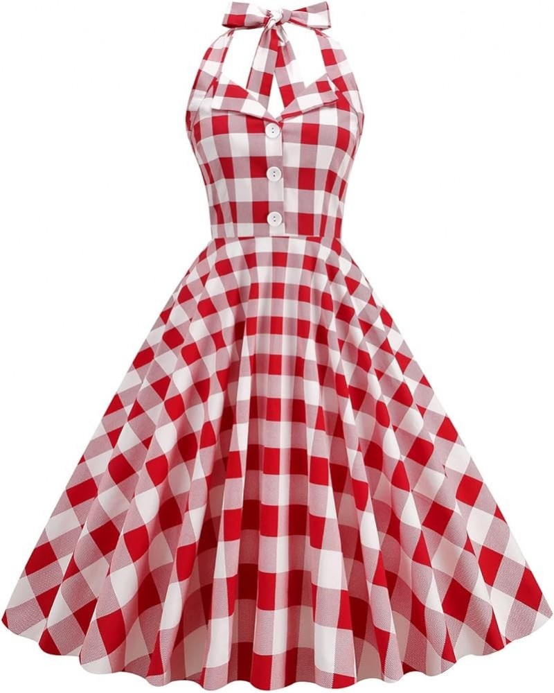 Women's Halter Backless 1950s Vintage Pin-up Rockabilly Dress Red Check $12.74 Dresses