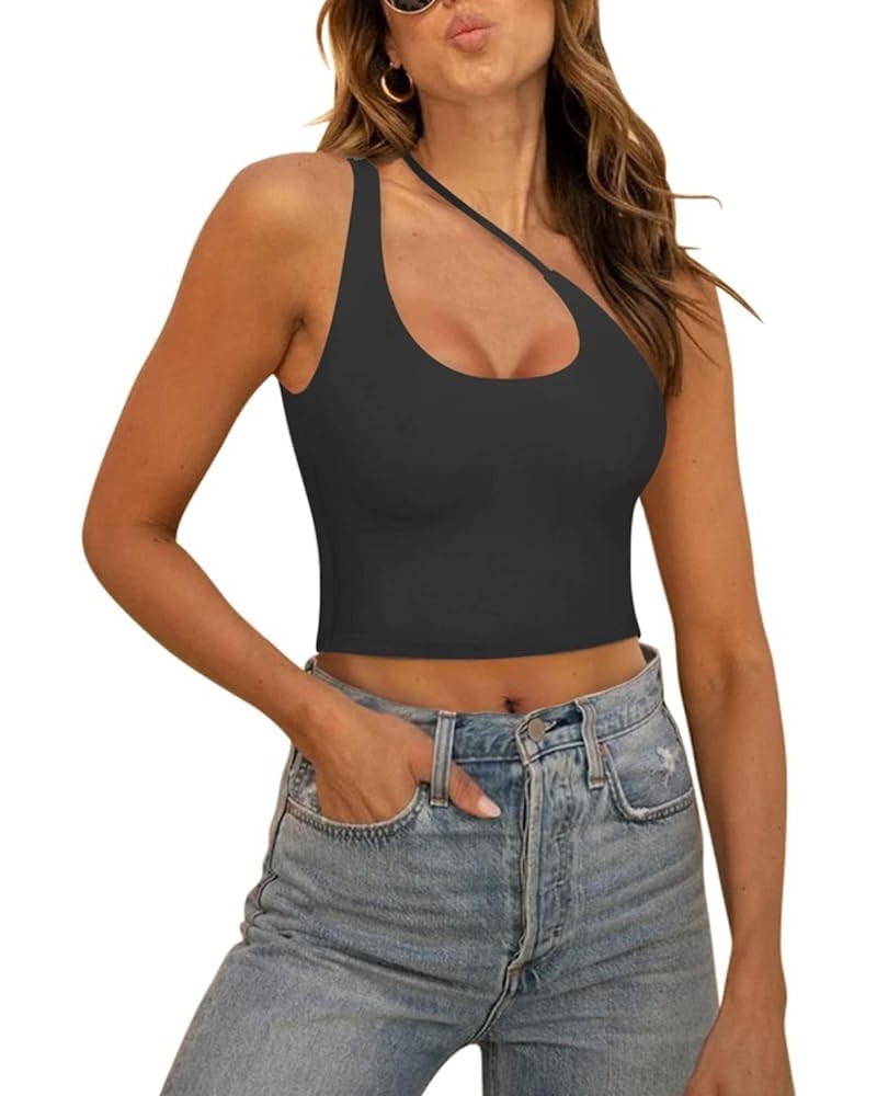 Women's Sexy One Shoulder Cut Out Backless Sleeveless Going Out Trendy Crop Tank Tops Black $14.74 Tanks