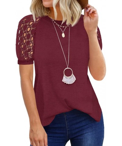 Women's Summer Lace Short Sleeve V Neck Shirt Tops Loose Casual Waffle Tee Blouse Wine Red $11.39 Blouses