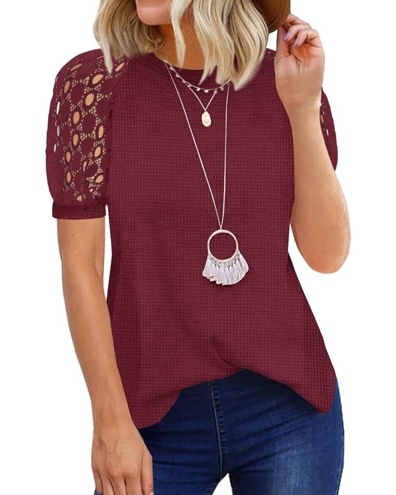 Women's Summer Lace Short Sleeve V Neck Shirt Tops Loose Casual Waffle Tee Blouse Wine Red $11.39 Blouses