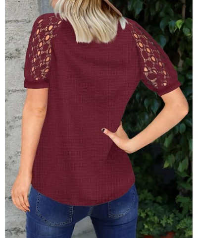 Women's Summer Lace Short Sleeve V Neck Shirt Tops Loose Casual Waffle Tee Blouse Wine Red $11.39 Blouses