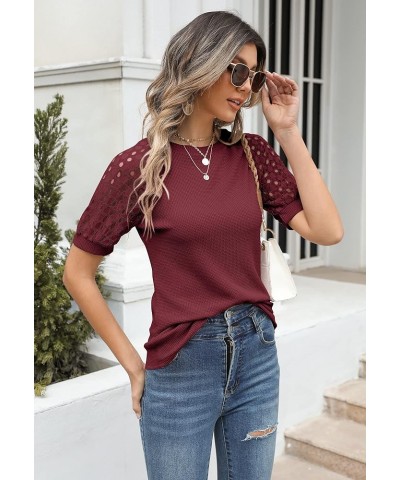 Women's Summer Lace Short Sleeve V Neck Shirt Tops Loose Casual Waffle Tee Blouse Wine Red $11.39 Blouses