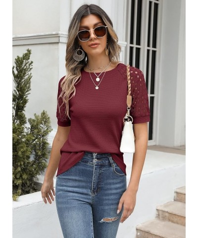 Women's Summer Lace Short Sleeve V Neck Shirt Tops Loose Casual Waffle Tee Blouse Wine Red $11.39 Blouses