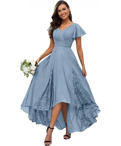 Mother of The Bride Dresses for Wedding Tea Length Ruffle Sleeves Long Chiffon Lace Appliques Evening Gown CM211 Dusty Blue $...