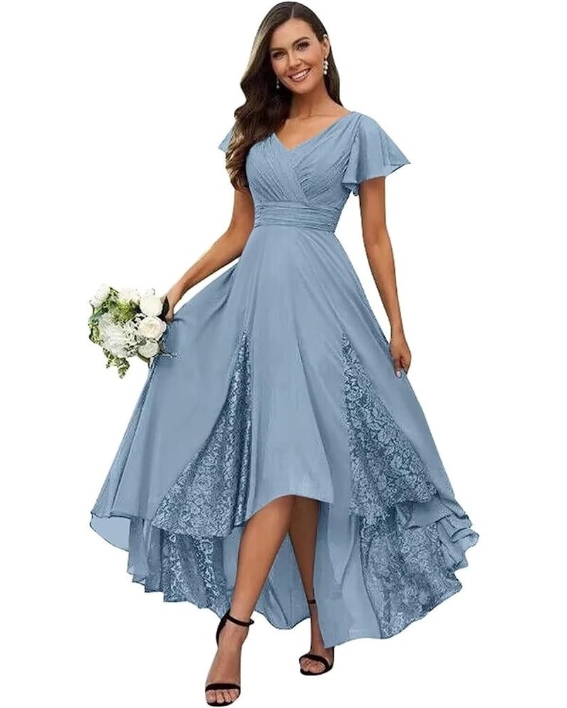 Mother of The Bride Dresses for Wedding Tea Length Ruffle Sleeves Long Chiffon Lace Appliques Evening Gown CM211 Dusty Blue $...