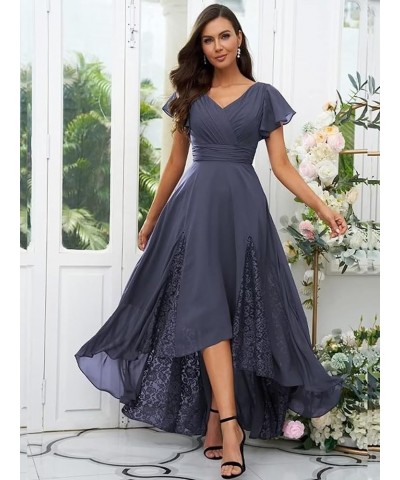 Mother of The Bride Dresses for Wedding Tea Length Ruffle Sleeves Long Chiffon Lace Appliques Evening Gown CM211 Dusty Blue $...