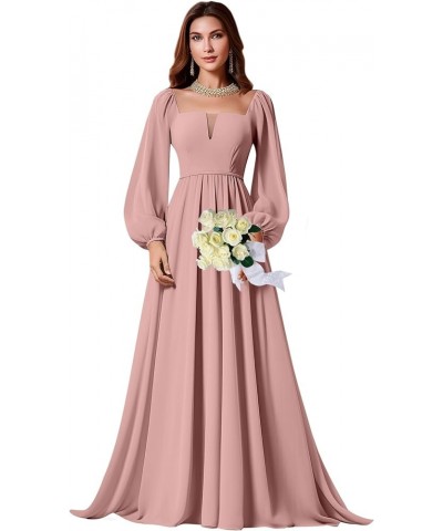 Long Sleeve Bridesmaid Dresses for Women Square Neck Chiffon Formal Evening Gown Dusty Rose $24.75 Dresses