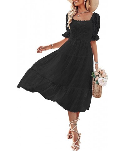 Women's 2024 Summer Square Neck Puff Sleeve Boho Midi Dress Swiss Dot Ruffle Flowy Tie Back Dress Black $26.51 Dresses