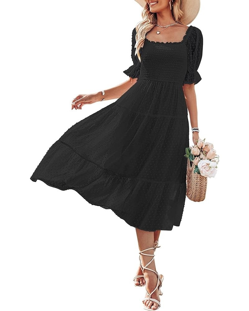 Women's 2024 Summer Square Neck Puff Sleeve Boho Midi Dress Swiss Dot Ruffle Flowy Tie Back Dress Black $26.51 Dresses