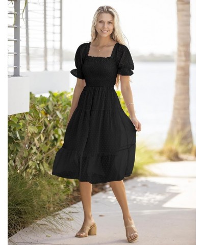 Women's 2024 Summer Square Neck Puff Sleeve Boho Midi Dress Swiss Dot Ruffle Flowy Tie Back Dress Black $26.51 Dresses