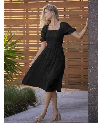 Women's 2024 Summer Square Neck Puff Sleeve Boho Midi Dress Swiss Dot Ruffle Flowy Tie Back Dress Black $26.51 Dresses