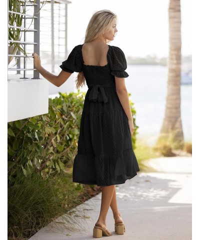 Women's 2024 Summer Square Neck Puff Sleeve Boho Midi Dress Swiss Dot Ruffle Flowy Tie Back Dress Black $26.51 Dresses