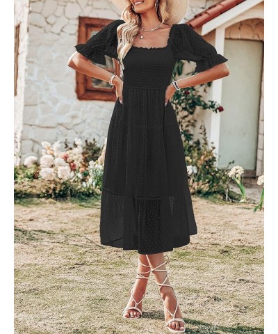 Women's 2024 Summer Square Neck Puff Sleeve Boho Midi Dress Swiss Dot Ruffle Flowy Tie Back Dress Black $26.51 Dresses