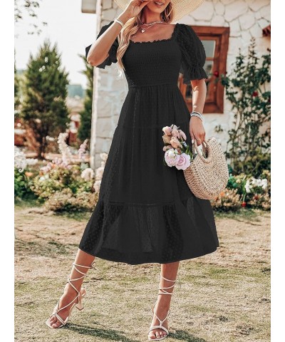 Women's 2024 Summer Square Neck Puff Sleeve Boho Midi Dress Swiss Dot Ruffle Flowy Tie Back Dress Black $26.51 Dresses