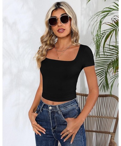 3 Pack Women's Short Sleeve Crop Tops, Square Neck Cropped Tops Tight Slim Fitted Crop Shirts Y2K Workout Basic Tees Black, D...