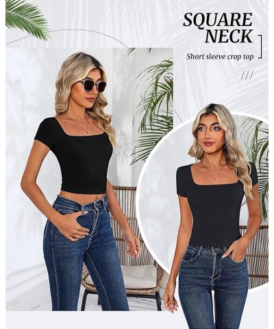 3 Pack Women's Short Sleeve Crop Tops, Square Neck Cropped Tops Tight Slim Fitted Crop Shirts Y2K Workout Basic Tees Black, D...