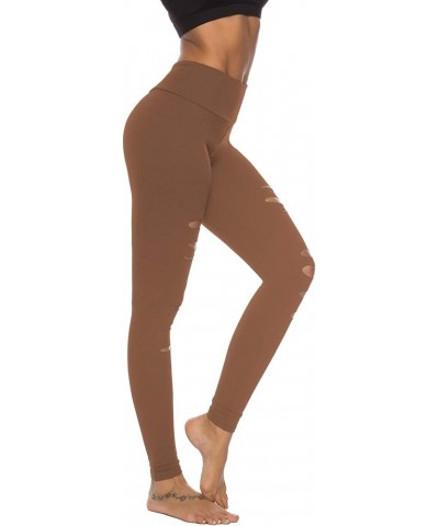 Womens High Waist Yoga Pants Cutout Ripped Tummy Control Workout Running Yoga Skinny Leggings Khaki $11.25 Leggings