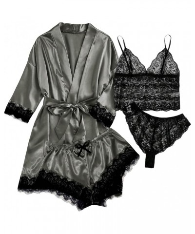 Women' Silk Satin Pajamas Set 4pcs Lingerie Floral Lace Cami Sleepwear with Robe Grey and Black $16.50 Sleep & Lounge