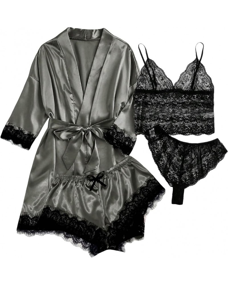 Women' Silk Satin Pajamas Set 4pcs Lingerie Floral Lace Cami Sleepwear with Robe Grey and Black $16.50 Sleep & Lounge