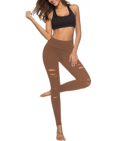 Womens High Waist Yoga Pants Cutout Ripped Tummy Control Workout Running Yoga Skinny Leggings Khaki $11.25 Leggings