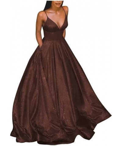 Women's Glitter V-Neck Prom Dress with Pockets Long Spaghetti Straps Ball Gown Formal Dress Chocolate $35.74 Dresses