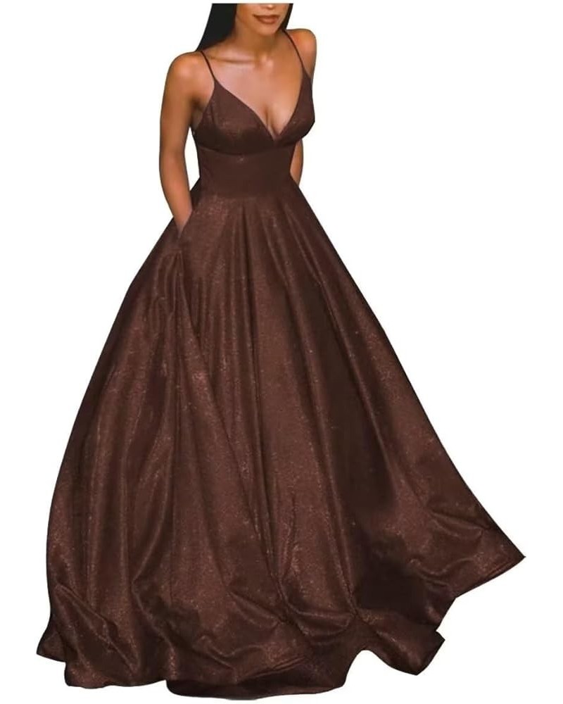 Women's Glitter V-Neck Prom Dress with Pockets Long Spaghetti Straps Ball Gown Formal Dress Chocolate $35.74 Dresses