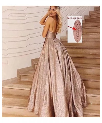 Women's Glitter V-Neck Prom Dress with Pockets Long Spaghetti Straps Ball Gown Formal Dress Chocolate $35.74 Dresses