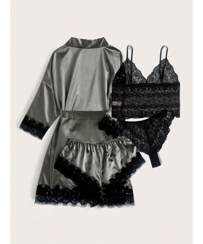 Women' Silk Satin Pajamas Set 4pcs Lingerie Floral Lace Cami Sleepwear with Robe Grey and Black $16.50 Sleep & Lounge