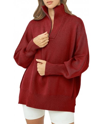 Women's Oversized Sweater 2023 Fall Long Sleeve Quarter Zipper Collar Drop Shoulder Slouchy Pullover Tops Red $21.23 Sweaters