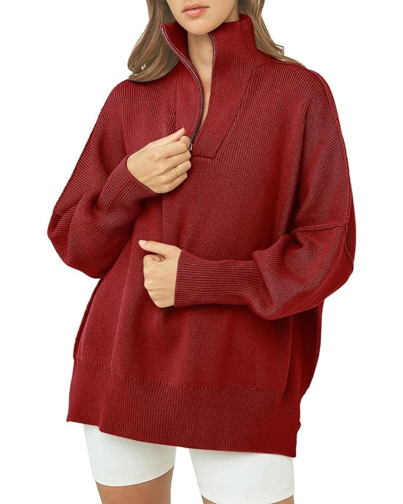 Women's Oversized Sweater 2023 Fall Long Sleeve Quarter Zipper Collar Drop Shoulder Slouchy Pullover Tops Red $21.23 Sweaters