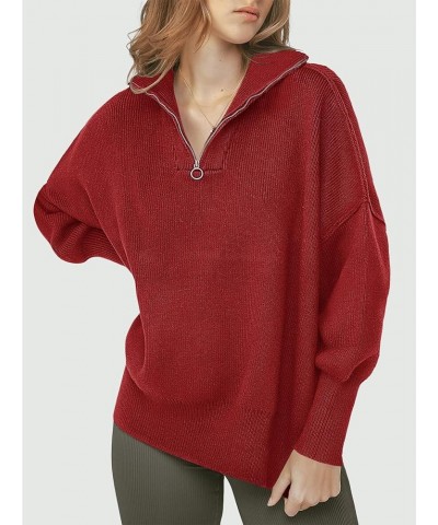 Women's Oversized Sweater 2023 Fall Long Sleeve Quarter Zipper Collar Drop Shoulder Slouchy Pullover Tops Red $21.23 Sweaters