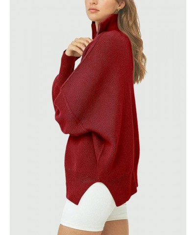 Women's Oversized Sweater 2023 Fall Long Sleeve Quarter Zipper Collar Drop Shoulder Slouchy Pullover Tops Red $21.23 Sweaters