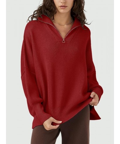 Women's Oversized Sweater 2023 Fall Long Sleeve Quarter Zipper Collar Drop Shoulder Slouchy Pullover Tops Red $21.23 Sweaters