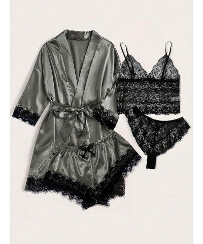 Women' Silk Satin Pajamas Set 4pcs Lingerie Floral Lace Cami Sleepwear with Robe Grey and Black $16.50 Sleep & Lounge