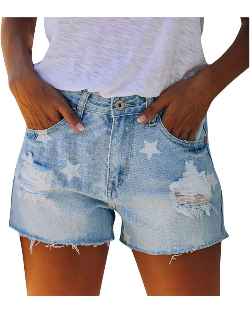 Women's Ripped Denim Jean Shorts High Waisted Stretchy Folded Hem Short Jeans Botton Waist Pocketed Casual Shorts 03 Light Bl...