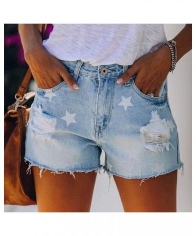 Women's Ripped Denim Jean Shorts High Waisted Stretchy Folded Hem Short Jeans Botton Waist Pocketed Casual Shorts 03 Light Bl...