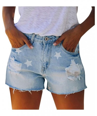 Women's Ripped Denim Jean Shorts High Waisted Stretchy Folded Hem Short Jeans Botton Waist Pocketed Casual Shorts 03 Light Bl...