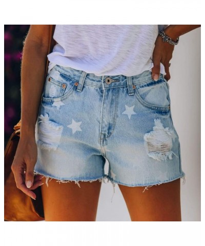 Women's Ripped Denim Jean Shorts High Waisted Stretchy Folded Hem Short Jeans Botton Waist Pocketed Casual Shorts 03 Light Bl...