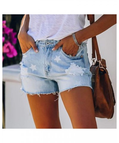 Women's Ripped Denim Jean Shorts High Waisted Stretchy Folded Hem Short Jeans Botton Waist Pocketed Casual Shorts 03 Light Bl...