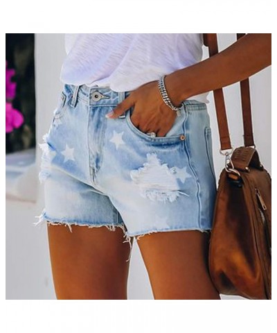 Women's Ripped Denim Jean Shorts High Waisted Stretchy Folded Hem Short Jeans Botton Waist Pocketed Casual Shorts 03 Light Bl...